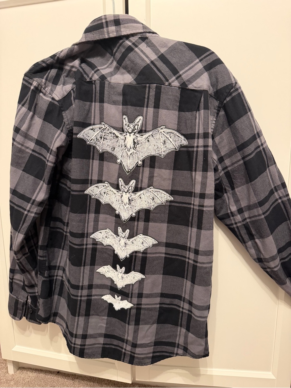 Small Blackcraft Men's Black and Gray Plaid Flannel Shirt with Bat Patch Graphic